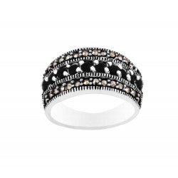 Mercasite Band Ring With Row Genuine Black Sapphire